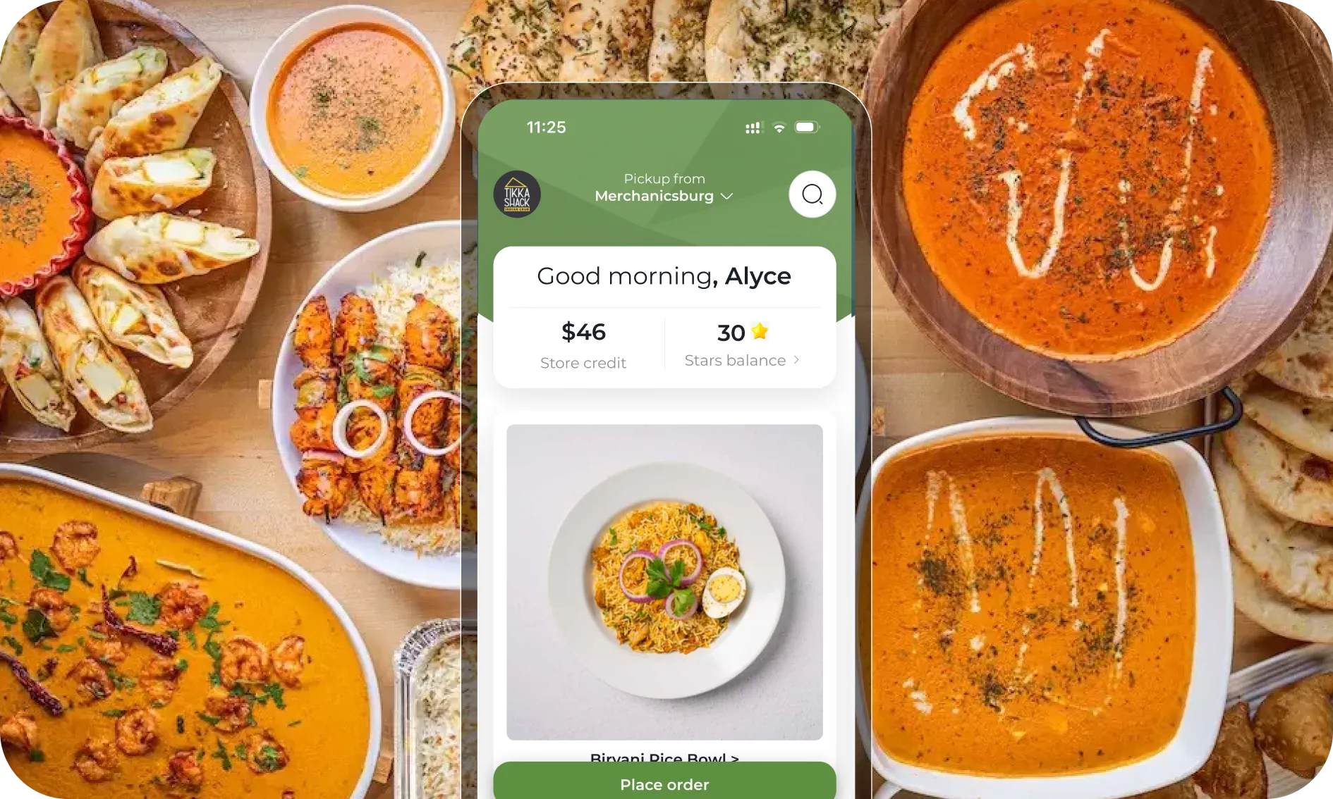 Tikka Shack app screens showing delivery and ordering features