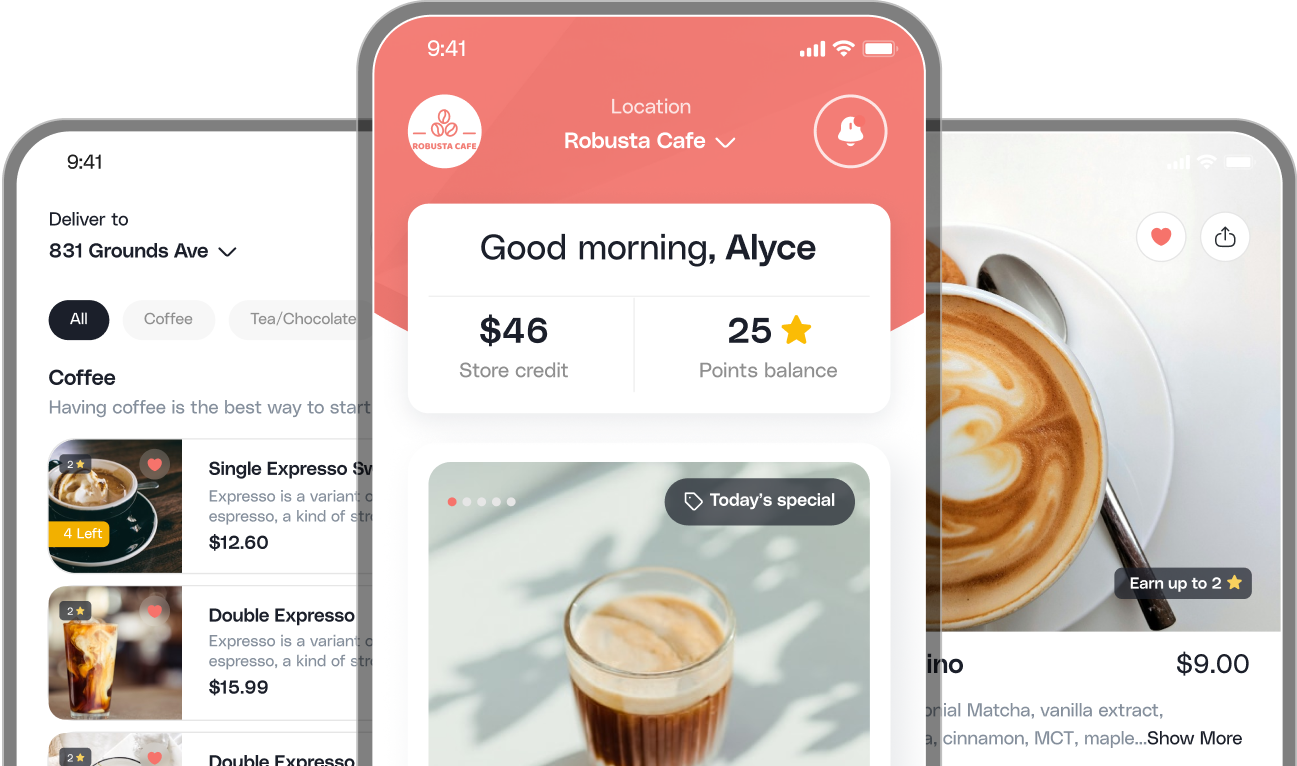 Mobile coffee app interface showing a greeting, store credit, points balance, and coffee menu with photos and prices.