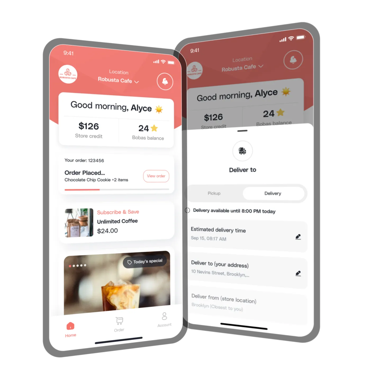 Mobile app screens showing a coffee order summary and delivery details